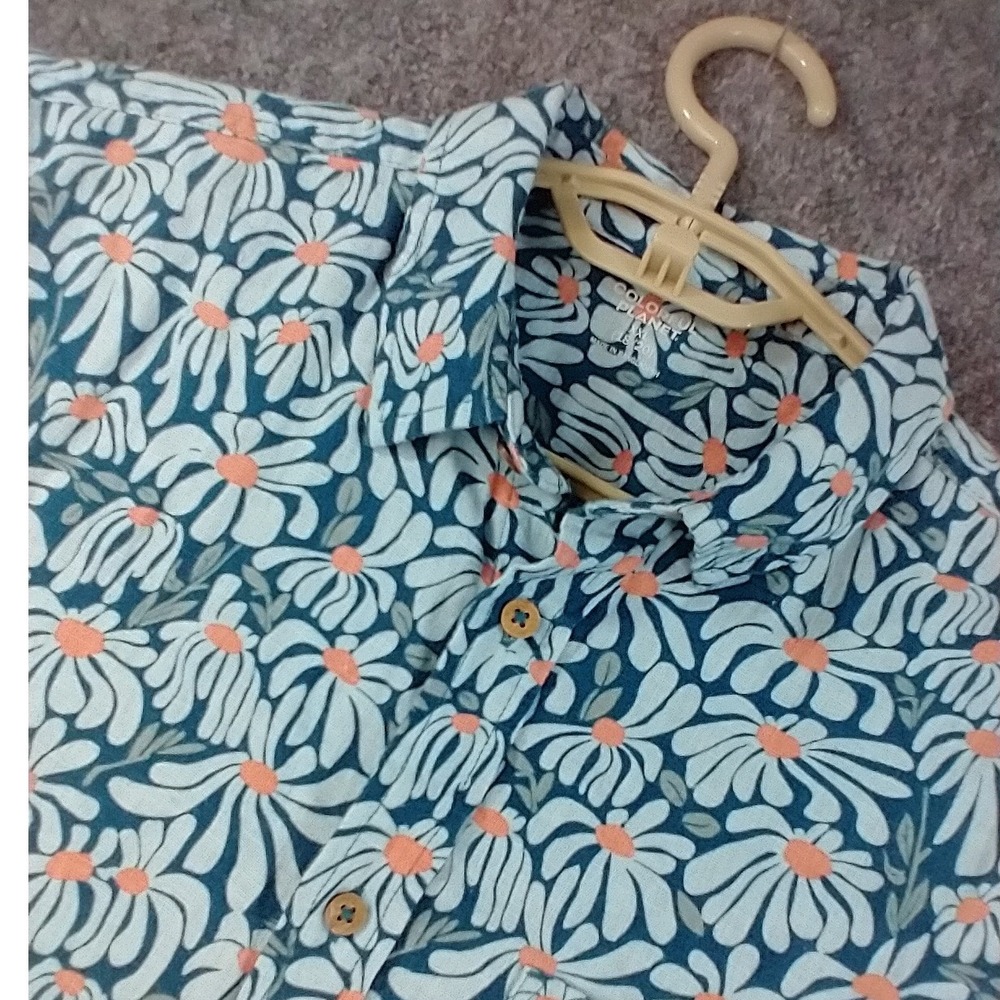 Colorful Planet Button Down Shirt Boys XXL Blue Floral Linen Blend SS